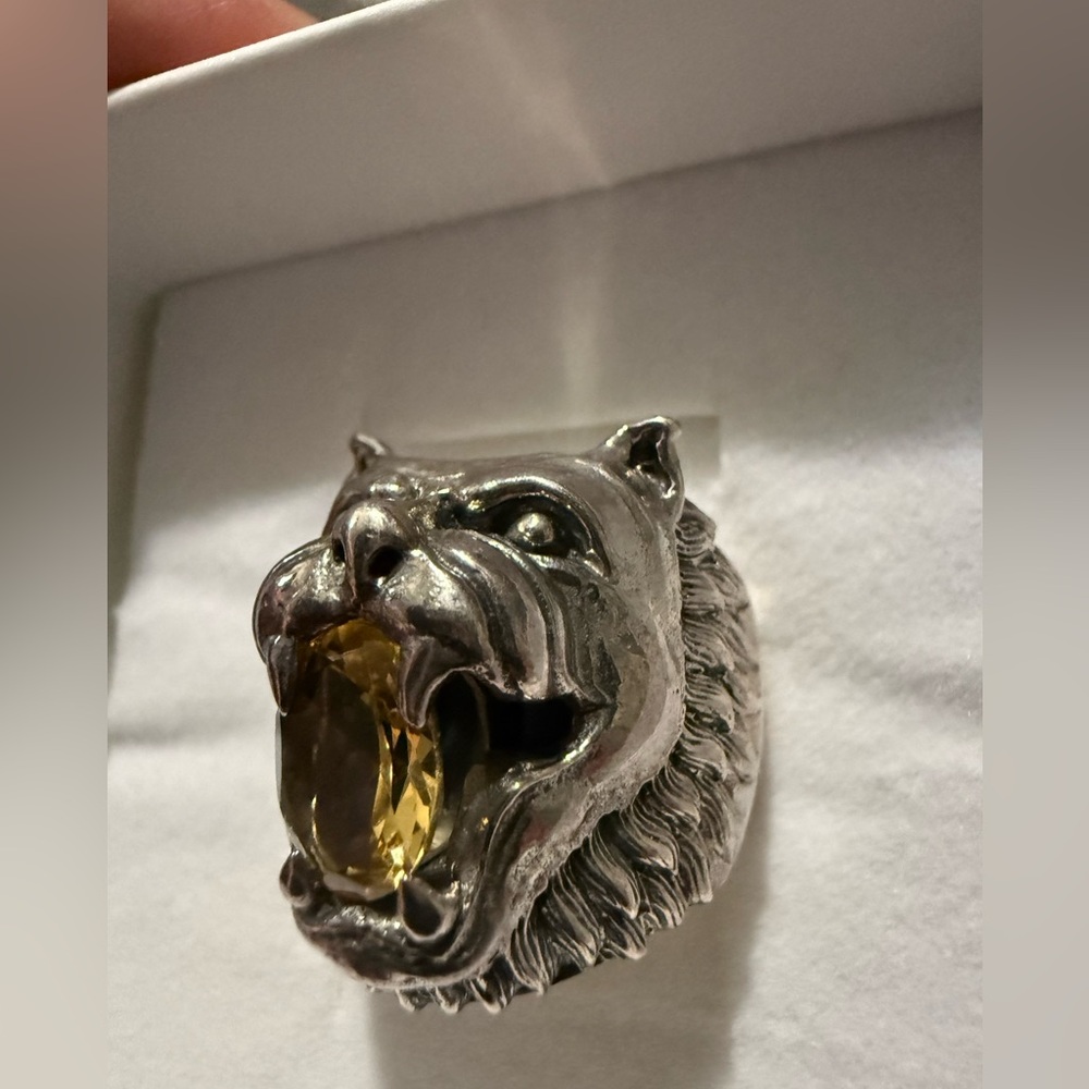Sterling Silver Pit Bull ring with natural citrine gem